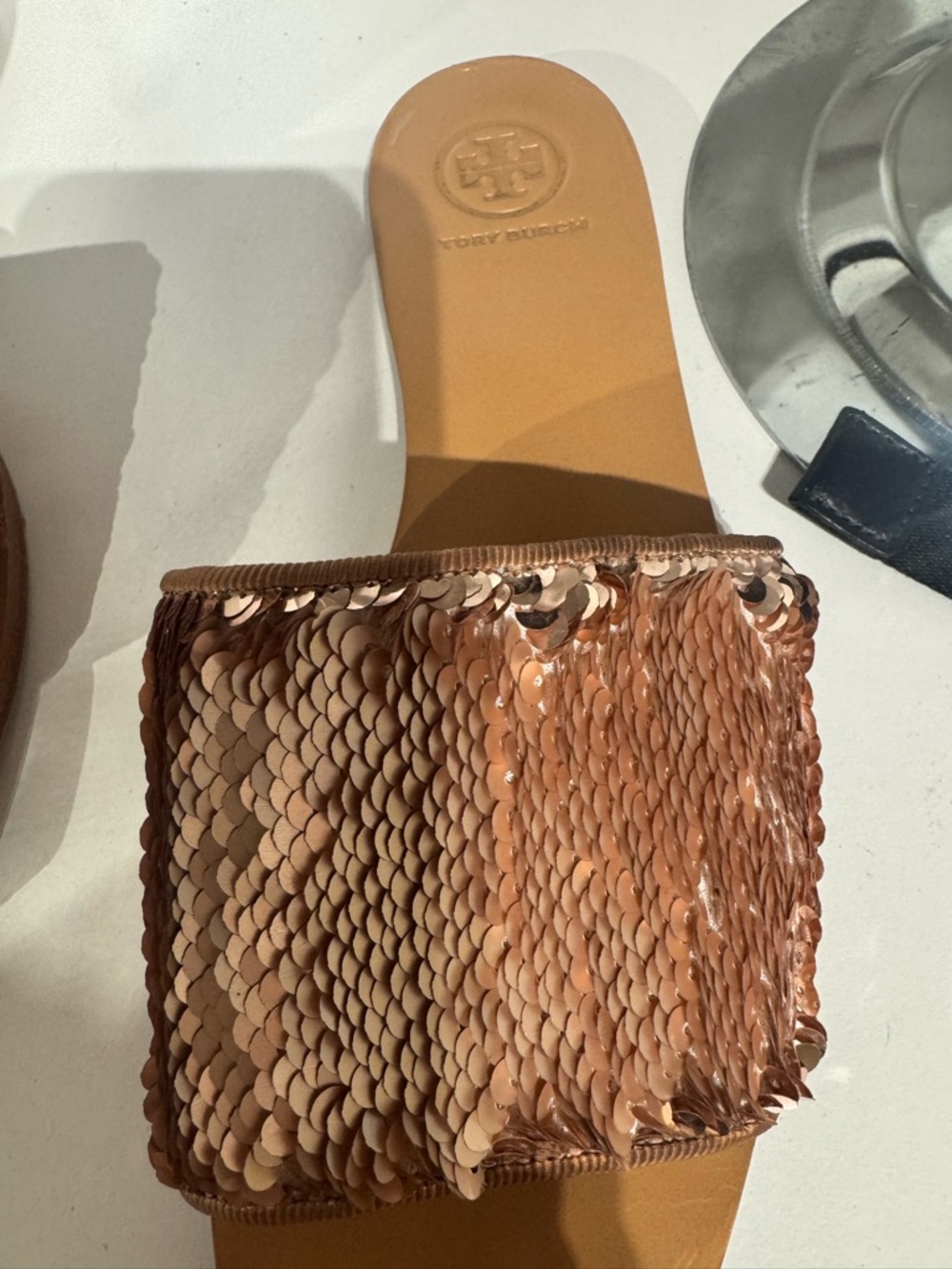Tory Burch Carter Rose Gold Sequin Slide Sandals - Picture 4 of 5